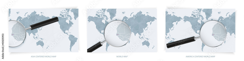 Blue Abstract World Maps with magnifying glass on map of Gambia with the national flag of Gambia. Three version of World Map. Blue Abstract World Maps with magnifying glass on map of Gambia with the national flag of Gambia. Three version of World Map.