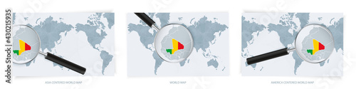Blue Abstract World Maps with magnifying glass on map of Mali with the national flag of Mali. Three version of World Map.