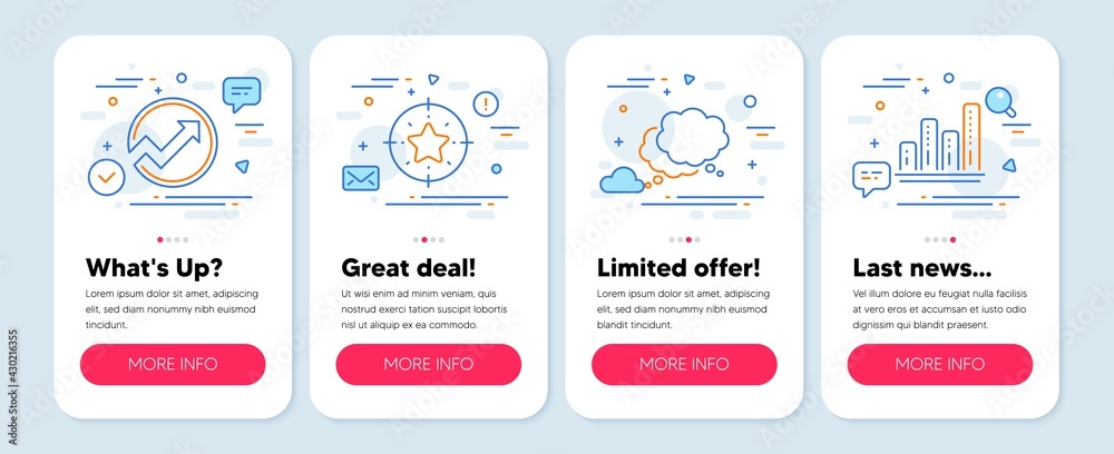 Set of Education icons, such as Speech bubble, Star target, Audit symbols. Mobile screen app banners. Graph chart line icons. Chat message, Winner award, Arrow graph. Growth report. Vector