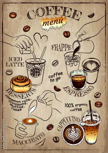 Outline poster of coffee menu. Sketch hand drawn cup of coffee isolated on brown background. Doodle mug with hot drink, line art desserts, engraving iced latte, espresso, macchiato.Vector illustration