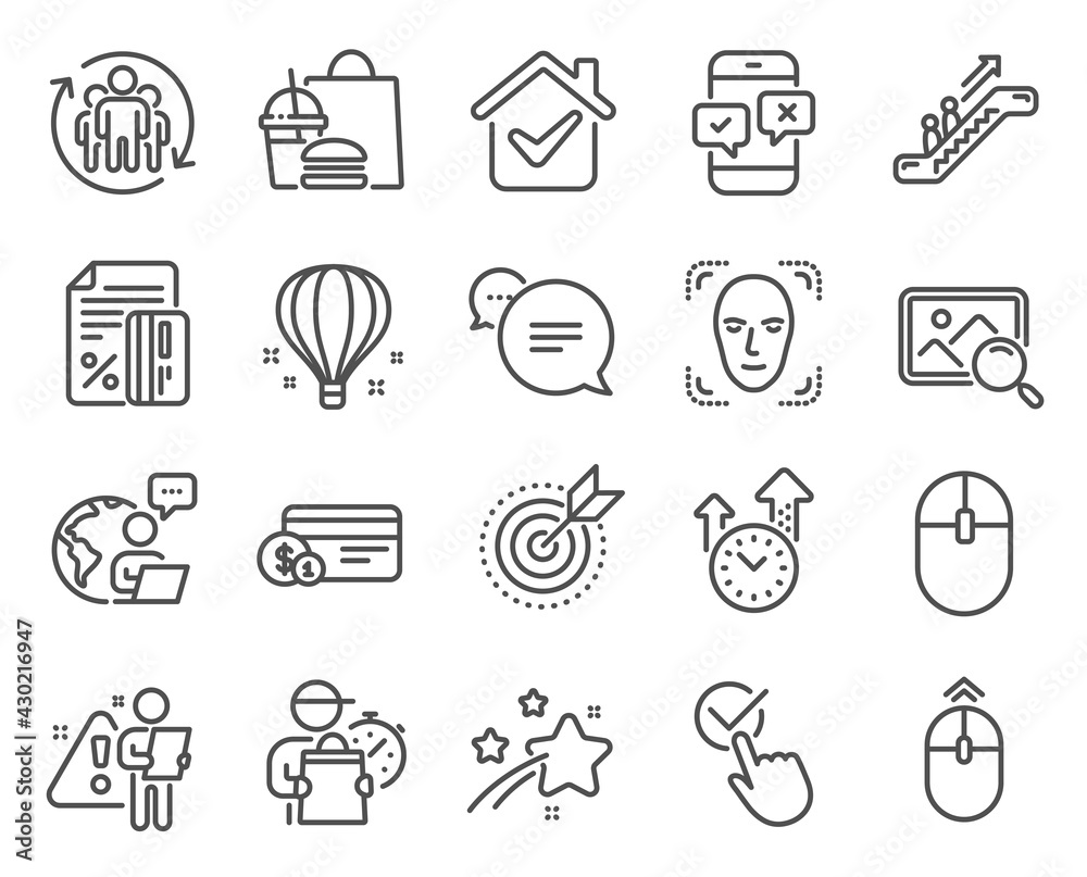 Fototapeta premium Technology icons set. Included icon as Payment method, Escalator, Text message signs. Face detection, Air balloon, Search photo symbols. Target purpose, Swipe up, Phone survey. Teamwork. Vector