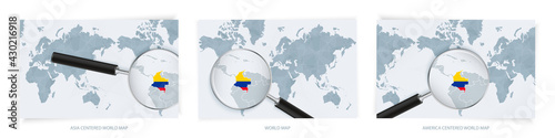 Blue Abstract World Maps with magnifying glass on map of Colombia with the national flag of Colombia. Three version of World Map.