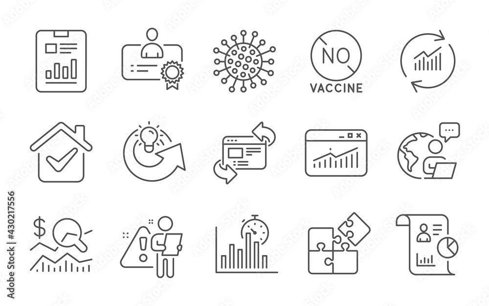Share idea, Update data and Report line icons set. Report timer, Certificate and No vaccine signs. Puzzle, Refresh website and Check investment symbols. Website statistics, Coronavirus. Vector