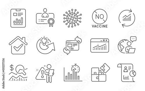 Share idea, Update data and Report line icons set. Report timer, Certificate and No vaccine signs. Puzzle, Refresh website and Check investment symbols. Website statistics, Coronavirus. Vector