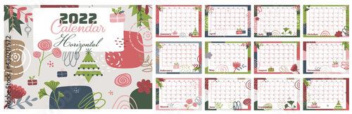2022 Calendar Horizontal with abstract background. Printable Monthly planner with geometric pattern. Week is started from Sunday. Schedule for month.