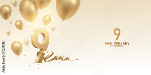 9th Anniversary celebration background. 3D Golden numbers with bent ribbon, confetti and balloons. photo