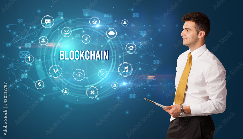 Businessman thinking about modern technology Businessman thinking about modern technology
