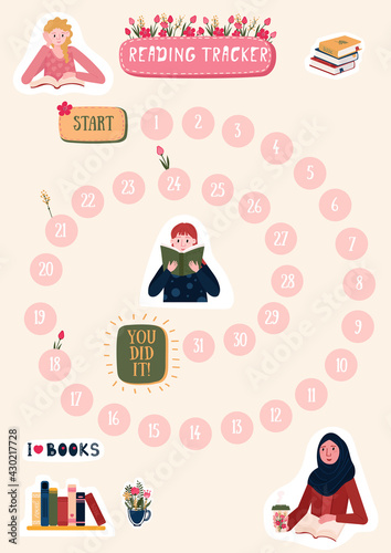 Habits Tracker for reading books with Stickers of girls. Daily planner for read books on one month. Schedule for kids and students. Printable routine for every day.
