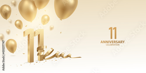 11th Anniversary celebration background. 3D Golden numbers with bent ribbon, confetti and balloons.