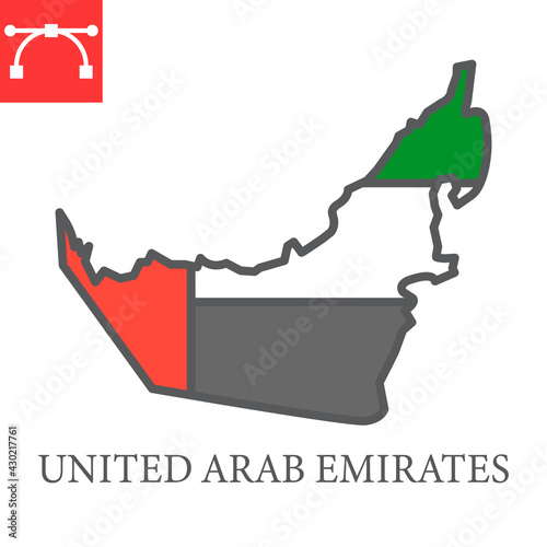 Map of United Arab Emirates color line icon, country and travel, UAE map flag vector icon, vector graphics, editable stroke filled outline sign, eps 10