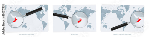 Blue Abstract World Maps with magnifying glass on map of Oman with the national flag of Oman. Three version of World Map.