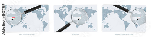 Blue Abstract World Maps with magnifying glass on map of Syria with the national flag of Syria. Three version of World Map.