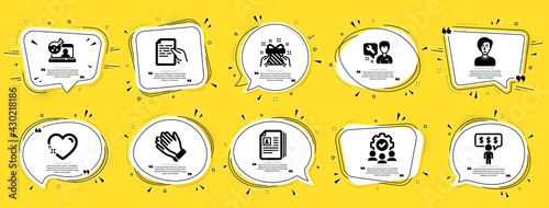 People icons set. Speech bubble offer banners. Yellow coupon badge. Included icon as Clapping hands, Online chemistry, Cv documents signs. Vector