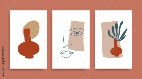 Contemporary Henri Matisse abstract vector poster. Woman face silhouette line art Matisse painting. Pastel reproduction of painting. Geometric vase, sun shape collage.