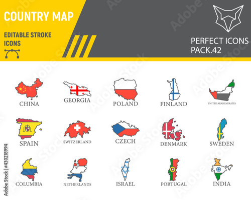 Map of country color line icon set, country collection, vector graphics, logo illustrations, flag map countries vector icons, travel signs, filled outline pictograms, editable stroke