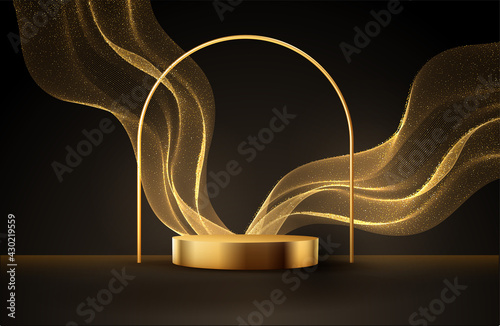 Minimal black scene with golden lines. Cylindrical gold and black podium on a black background. 3D stage for displaying a cosmetic product
