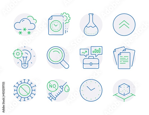 Science icons set. Included icon as Coronavirus, Swipe up, Coronavirus vaccine signs. Documents, Time, Snow weather symbols. Chemistry lab, Seo idea, Project deadline. Business portfolio. Vector