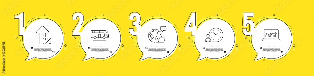 Web analytics, Increasing percent and Bus tour line icons set. Timeline process infograph. Time management sign. Statistics, Discount, Transport. Work time. Technology set. Vector Web analytics, Increasing percent and Bus tour line icons set. Timeline process infograph. Time management sign. Statistics, Discount, Transport. Work time. Technology set. Vector