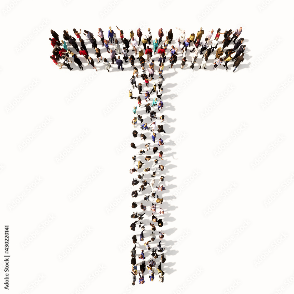 Concept or conceptual large community of people forming the font T. 3d illustration metaphor for unity and diversity, humanitarian, teamwork, cooperation, education, friendship and community Concept or conceptual large community of people forming the font T. 3d illustration metaphor for unity and diversity, humanitarian, teamwork, cooperation, education, friendship and community