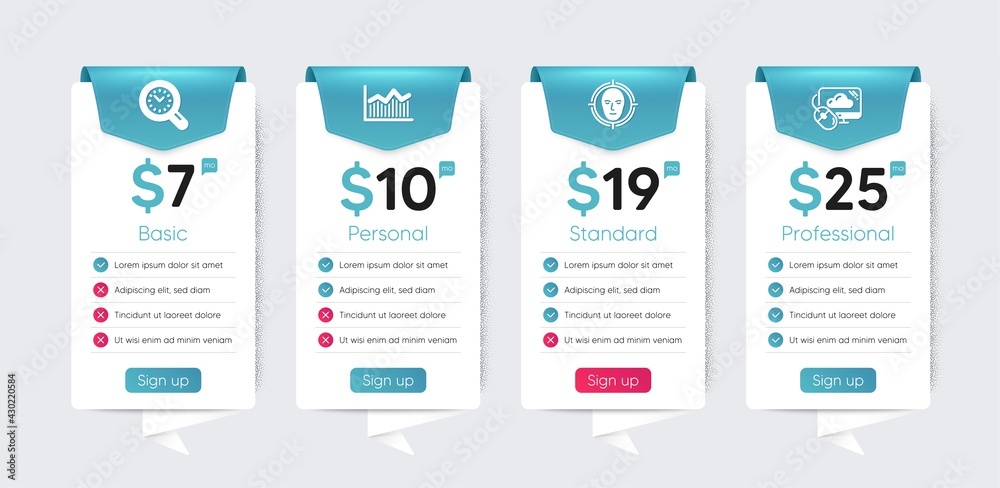 Included icon as Face detect, Cloud computing, Time management signs. Price table template, business plan chart. Science icons set. Money diagram flat icons. Vector