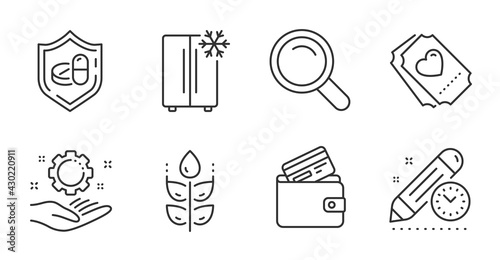 Project deadline, Medical tablet and Gluten free line icons set. Search, Refrigerator and Employee hand signs. Debit card, Love ticket symbols. Quality line icons. Project deadline badge. Vector