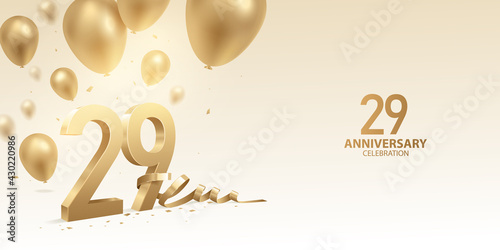 29th Anniversary celebration background. 3D Golden numbers with bent ribbon, confetti and balloons.