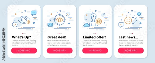 Set of People icons, such as Eye target, Farsightedness, Support symbols. Mobile screen app banners. Smile line icons. Optometry, Eye vision, Edit profile. Social media like. Eye target icons. Vector