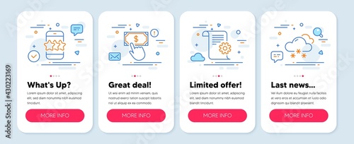 Set of Business icons, such as Payment click, Star, Technical documentation symbols. Mobile app mockup banners. Snow weather line icons. Financial transfer, Phone feedback, Manual. Snowflake. Vector