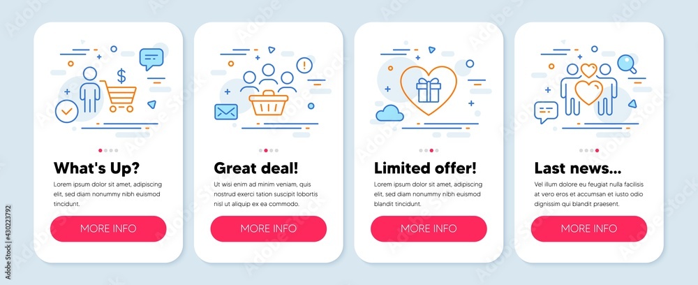 Set of Holidays icons, such as Buyer, Buyers, Romantic gift symbols. Mobile screen app banners. Love couple line icons. Shopping cart, Shopping customers, Surprise with love. Lovers. Vector