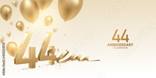 44th Anniversary celebration background. 3D Golden numbers with bent ribbon, confetti and balloons.
