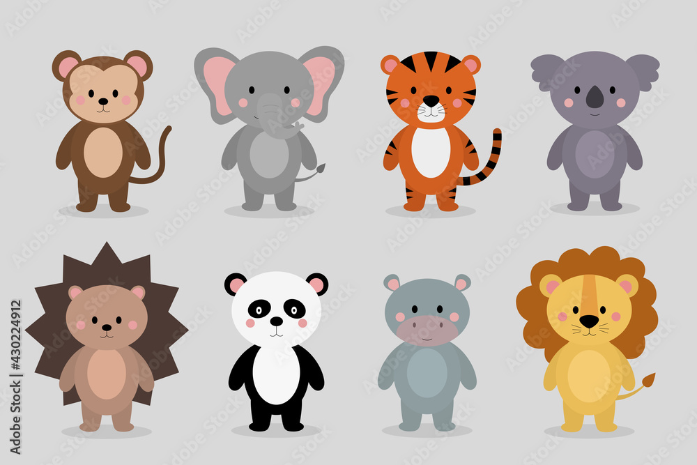 Cute animals. Monkey, elephant, tiger, koala, hedgehog, Panda, Hippo, lion Cute animals. Monkey, elephant, tiger, koala, hedgehog, Panda, Hippo, lion
