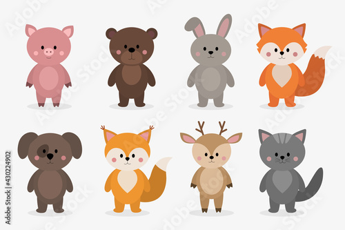 Fototapeta Naklejka Na Ścianę i Meble -  Cute animals. Pig, Bear, Rabbit, Fox, Dog, Squirrel, Deer, Cat