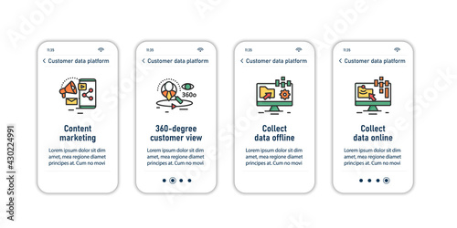 Customer data platform onboarding mobile app screens. Content marketing steps menu. Set of UI, UX, web template with RGB color linear icons