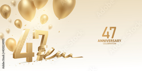 47th Anniversary celebration background. 3D Golden numbers with bent ribbon, confetti and balloons.
