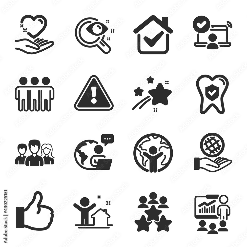 Set of People icons, such as Business meeting, Safe planet, Hold heart symbols. Vision test, Friendship, Like signs. New house, Online access, Teamwork. Global business, Dental insurance. Vector Set of People icons, such as Business meeting, Safe planet, Hold heart symbols. Vision test, Friendship, Like signs. New house, Online access, Teamwork. Global business, Dental insurance. Vector