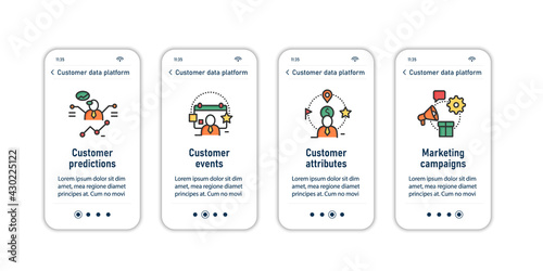 Customer data platform onboarding mobile app screens. Work with clients steps menu. Set of UI, UX, web template with RGB color linear icons