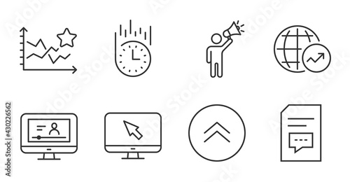 Online video, Fast delivery and World statistics line icons set. Swipe up, Brand ambassador and Internet signs. Ranking stars, Comments symbols. Video exam, Stopwatch, Global report. Vector
