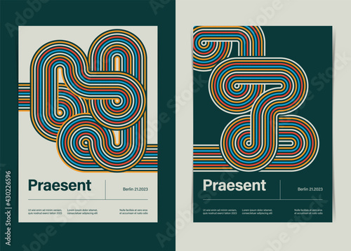 Retro Bauhaus Style Geometric Lines Loop Form Composition Poster Template. Vector illustration.