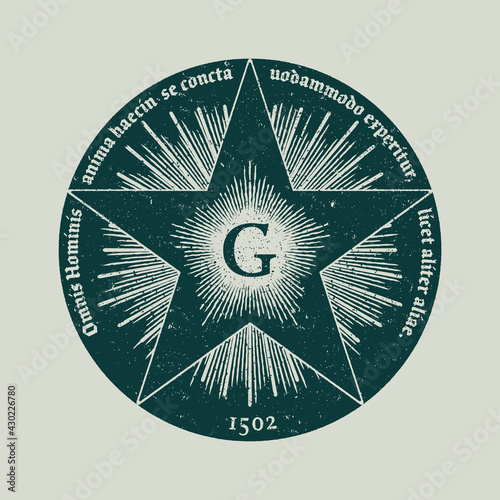 Vintage Star Insignia, Logotype, Label or Badge with Sun Brusts Lines. Vector illustration.