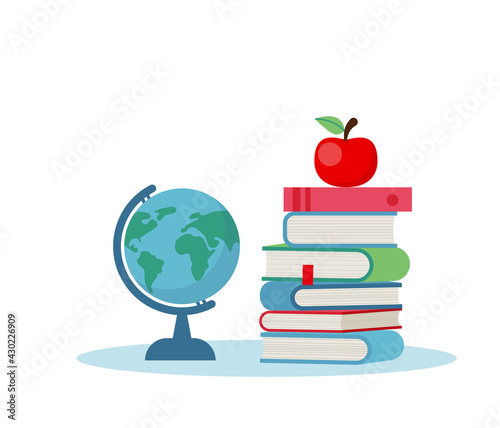 Globe, table lamp and Stack of books flat design vector illustration on white background