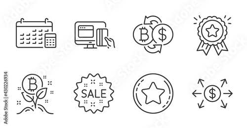 Bitcoin project, Loyalty award and Dollar exchange line icons set. Bitcoin exchange, Calendar and Online payment signs. Loyalty star, Sale symbols. Quality line icons. Bitcoin project badge. Vector