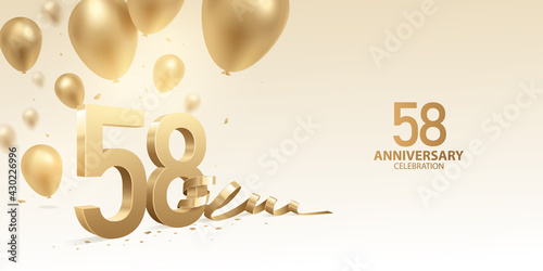 58th Anniversary celebration background. 3D Golden numbers with bent ribbon, confetti and balloons.