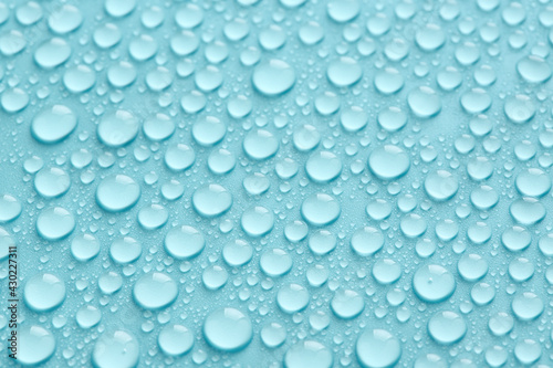 Pure water drops on turquoise abstract background or texture.