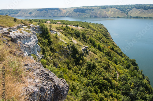 Aerial to Bakota Cave Monastery in Podilski tovtry National park, Khmelnitskiy region of Western Ukraine photo