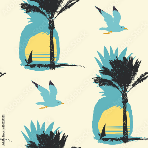 Tropical Seamless pattern with silhouettes of pineapples, palm trees and surfers at sunset or sunrise on a light backdrop. Vector repeatable background on the theme of sea summer travel.