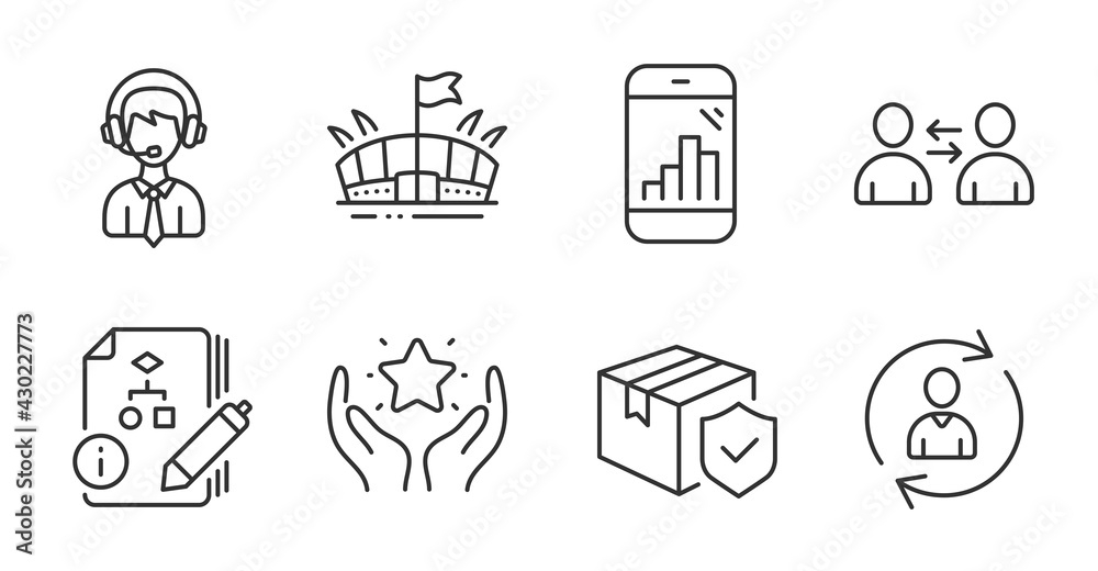 Algorithm, Shipping support and Person info line icons set. Parcel insurance, Communication and Graph phone signs. Arena, Ranking symbols. Project, Delivery manager, Refresh user data. Vector