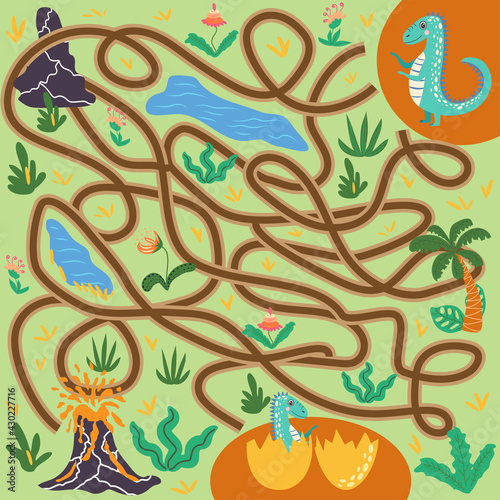 Help dinosaur find path to nest. Labyrinth. Maze game for kids. Help dino moms to find their eggs kid learning game with maze.