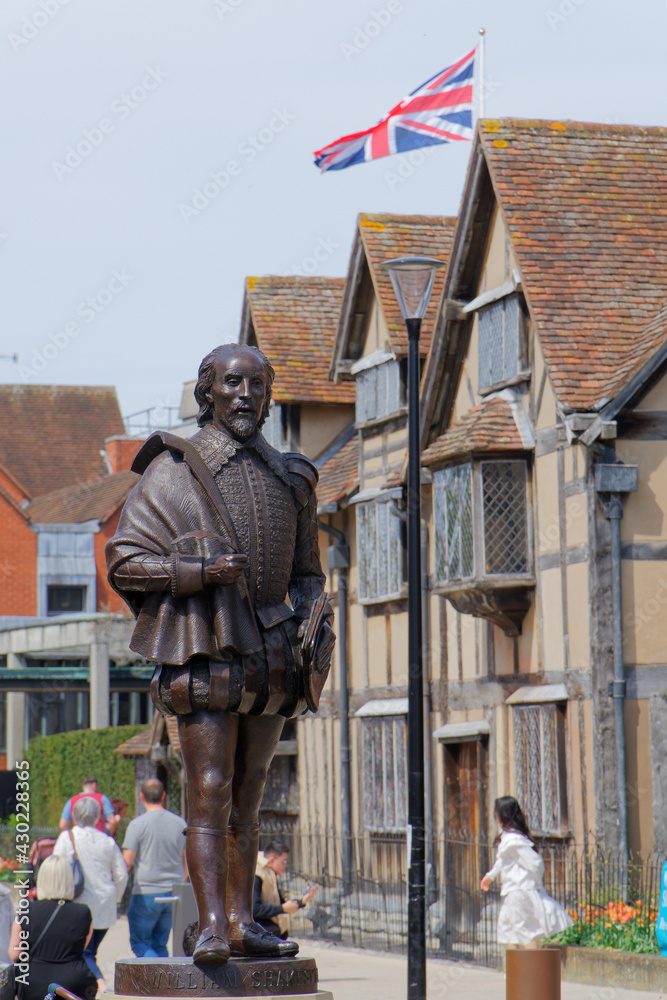 William Shakespeare's Statue in Stratford-upon-Avon, April 24, UK 2021