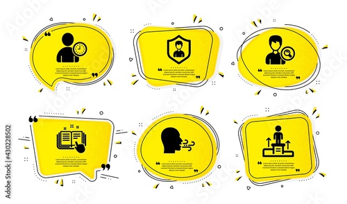 Time management, Security agency and Technical documentation icons simple set. Yellow speech bubbles with dotwork effect. Search people, Breathing exercise and Business podium signs. Vector