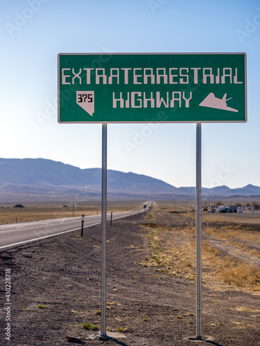 Highway 375, The Extraterrestrial Highway, in Southern Nevada near Rachel in Area 51 road sign. photo